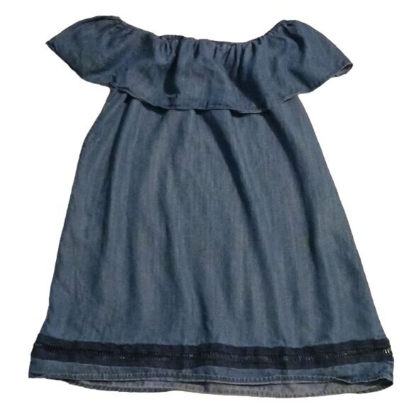 Chelsea & Theodore Denim Off the Shoulder Ruffle Mini Dress Blue Size L - Picture 1 of 12